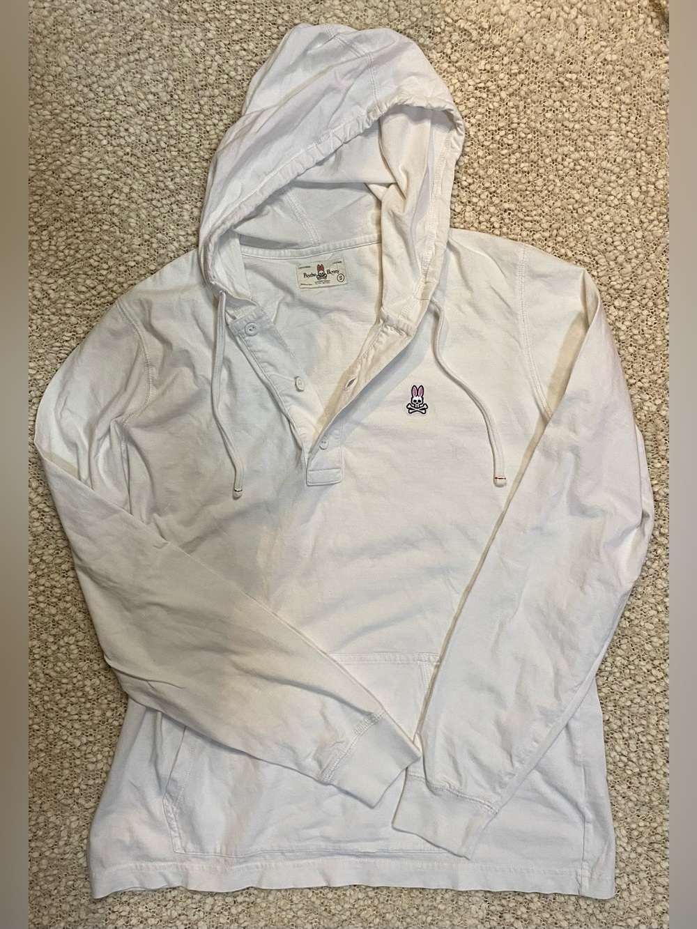 Psycho Bunny White Hooded Pullover with Small Pink-&-Black Logo